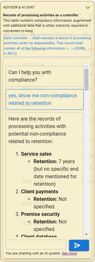 Compliance chat screen, based on AI
