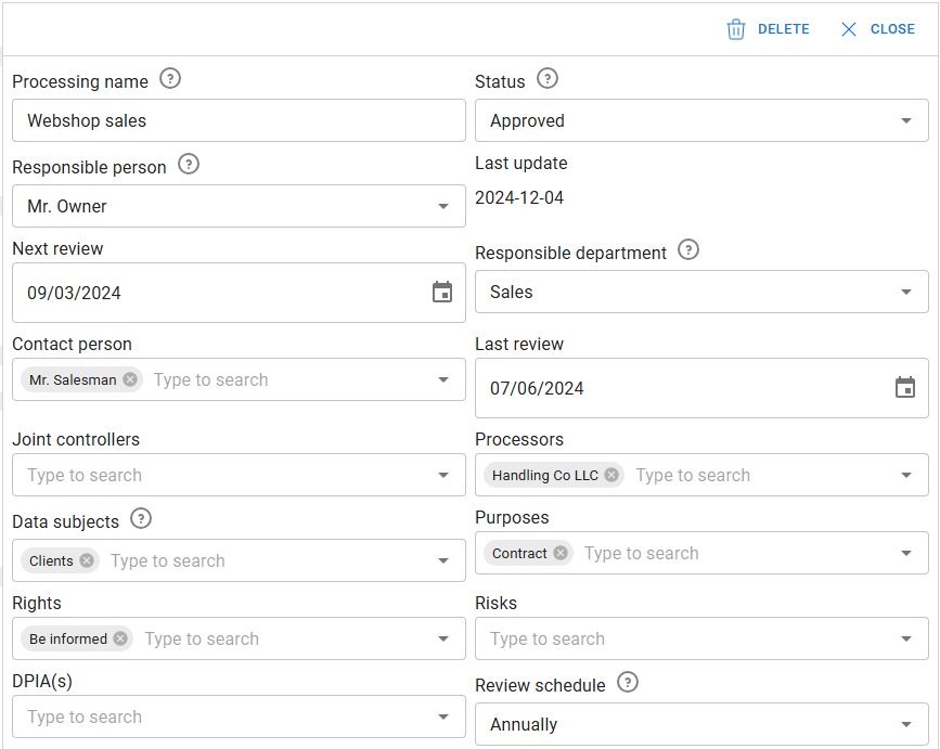 Record of processing activity